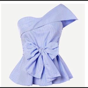 Off shoulder,big bow stripe blouse